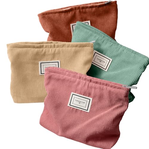 Sanwuta 4 Pcs Velvet Corduroy Makeup Bag, 10.24x7.09x1.97'', Rainbow Color