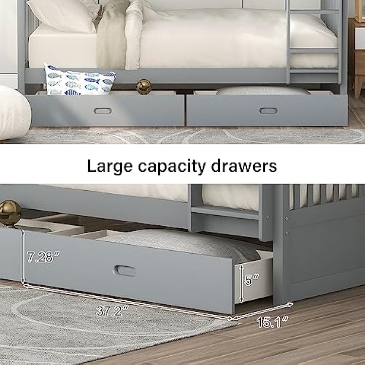 Merax Wood Bunk Bed with Drawers,Convertible Wood Bunk Bed with Ladders and Two Storage Drawers,Solid Wood Detachable Bunk Bed Frame with Ladders,Twin Over Twin Size,Grey