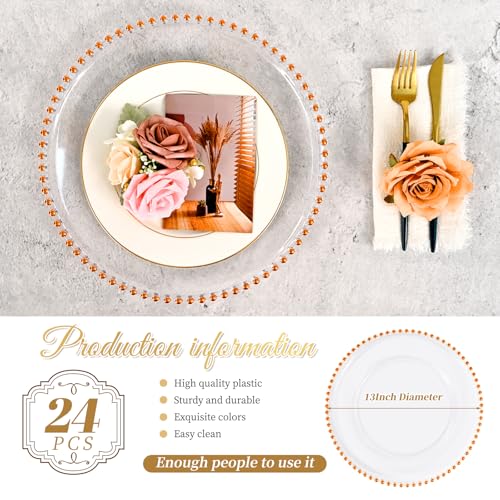 FXKS 24 PCS Clear Round Charger Plates with Beaded Rim, 13 Inch Plastic Acrylic Plate, Plastic Round Beaded Dinner Decorative Service Plates for Wedding Party Event, Home Kitchen Tabletop(Orange) by FXKS - Image 3