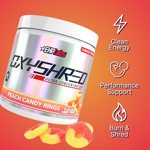 Image of EHP Labs OxyShred Pre Workout Powder - Preworkout Powder with L Glutamine & Acetyl L Carnitine, Energy Boost Drink - Peach Candy Rings, 60 Servings