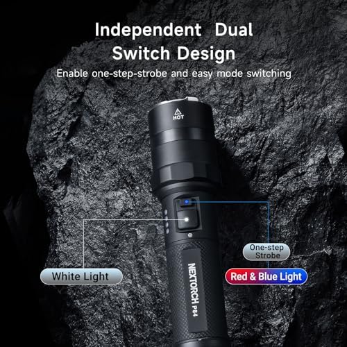 NEXTORCH P84 LED Police Flashlight, 3700 High Lumens Rechargeable Flashlight with Red and Blue Lights & Strobe & Ceramic Bead Broken Window for Night Duty, Outdoor Adventure, Daily Use
