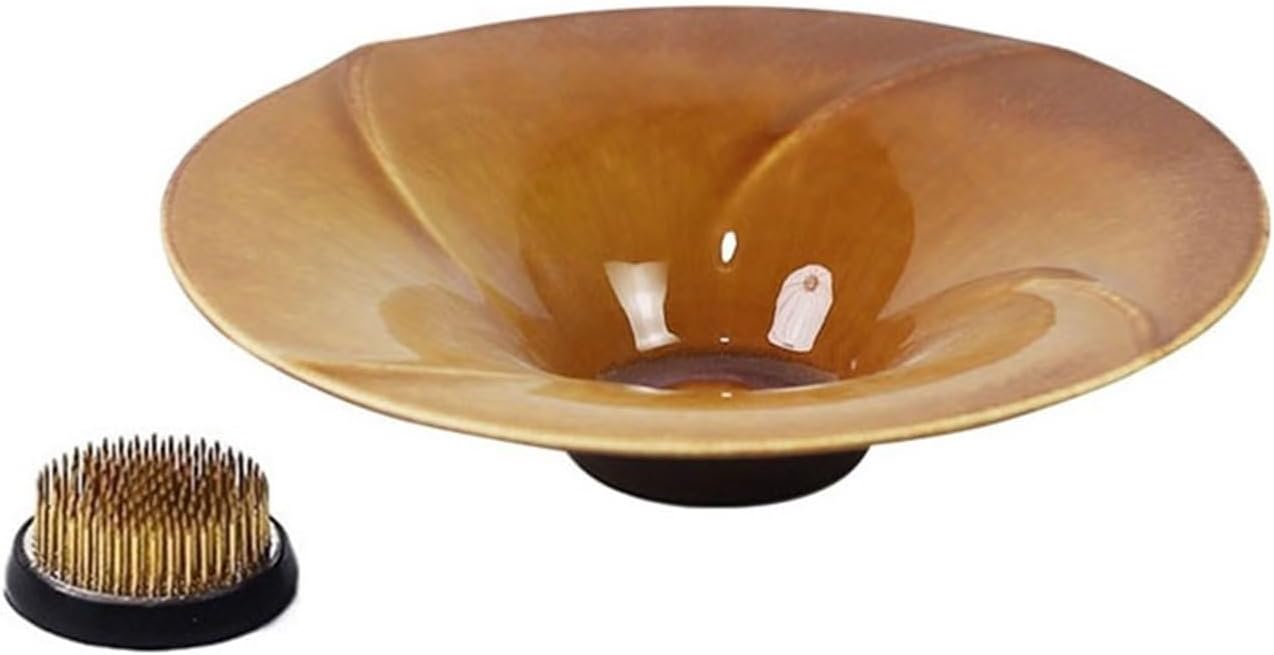 Ikebana Vase Tabletop Retro Ceramic Round Saucer with Kenzan Floral Arrangement Tray Flower Arrangement Pot