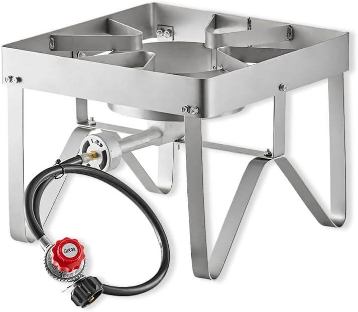 Gas Stove with Hose Guard and Side Shelves, Steel Heavy Duty Double Burner Outdoor Patio Stove, Tank Cooker Perfect for Deep Frying or Steaming, Turkey Fry, Catered Events, Camping, Range - 110,000BTU