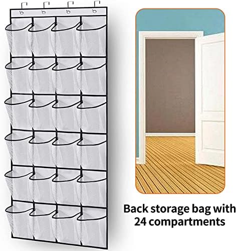 BANAOLIN Over The Door Shoe Storage, Hanging Organisers Shoe Racks Foldable Wardrobes Storage Bag with 24 Large Mesh Pockets 4 Hooks for Kitchen Bedroom Bathroom Closet, 48(W) x 150(H) cm, White