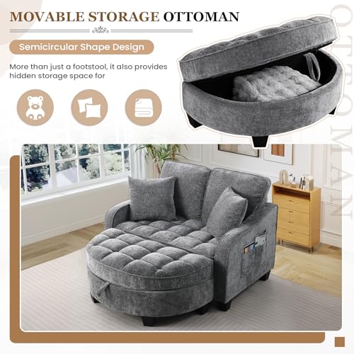 Image of Oversized Chair and A Half, Chenille Tufting Accent Comfy Reading Sofa Chair with Storage Ottoman, Upholstered Loveseat Chaise Lounge Sofa with Adjustable Back for Living Room, Office, Sunroom, Grey