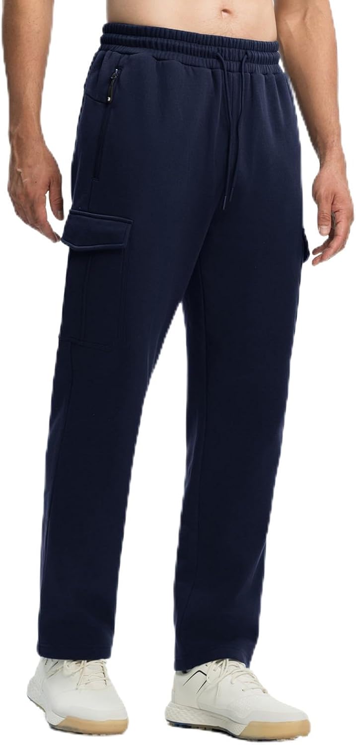 TBMPOY Men's Fleece Lined Sweatpants Winter Straight Leg Open Bottom Warm Cargo Pockets Cotton Running Lounge