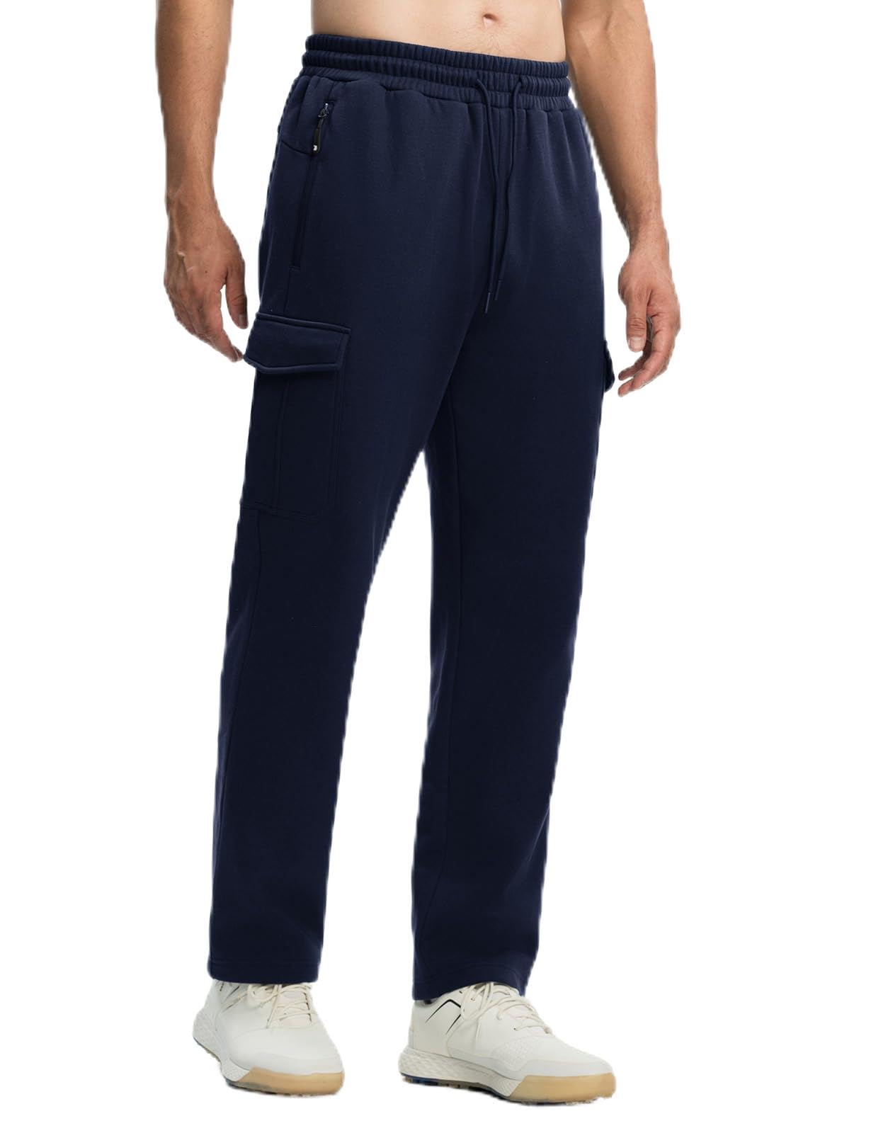 TBMPOY Men's Fleece Lined Sweatpants Winter Straight Leg Open Bottom Warm Cargo Pockets Cotton Running Lounge