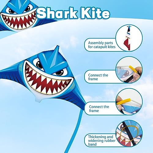 YongnKids 2 Pcs Kite Include Large Shark Kite & a Mini Finger Launcher Kite, Kite for Kids Age 4-8 8-12, Easy to Fly Beginner Kites for Boys Girls,Beach Kite for Outdoor Games and Activities
