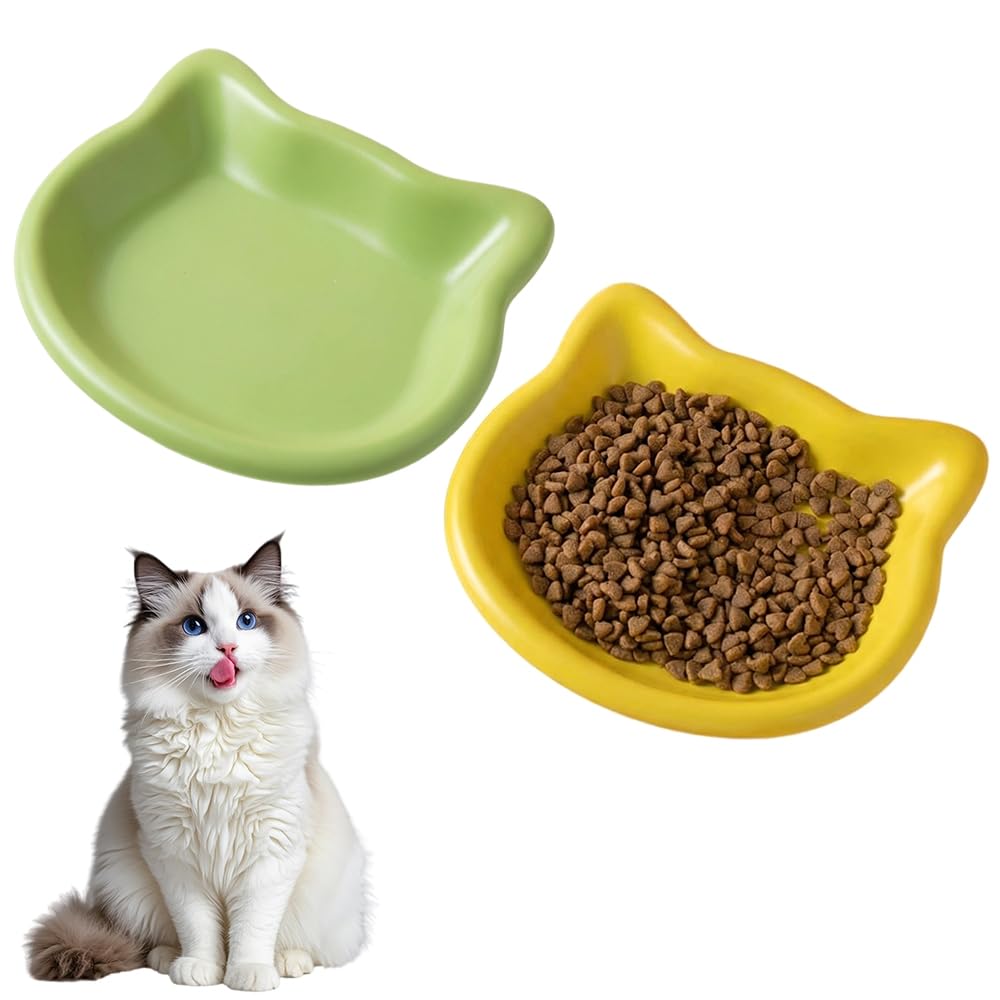 2 Pack Cat Bowls Whisker Friendly Shallow Kitten Dishes Wide Pet Feeding Plates Non Slip Wet Food Saucer Durable Melamine Easy Clean for Cats Small Dogs Green Yellow (Green+Yellow)