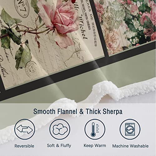 Soulzzz Red Floral Throw Blankets- Soft Cozy Farmhouse Pink Rose With Green Leaf Sherpa Blanket Lightweight Natural Botanical Pattern Flowers Blanket For Women Girls 50X60 Inches #TOP4