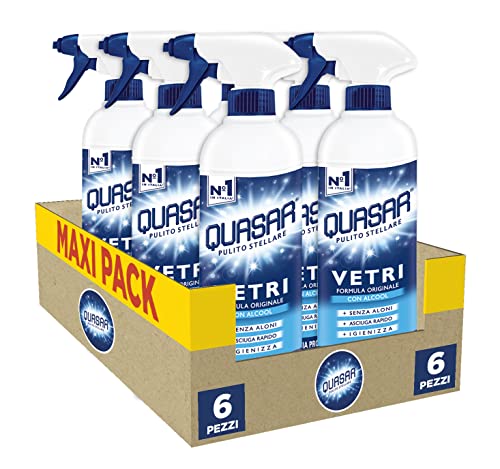 Quasar - Vetri - Formula Originale, con Alcool, Senza Aloni, Asciuga Rapido e Igienizza - 6 Flaconi da 750 ml
