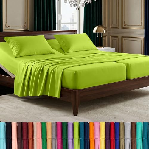 Image of Elegant Comfort Luxurious 1500 Premium Hotel Quality Microfiber Three Line Embroidered Softest 5-Piece Bed Sheet Set, Wrinkle and Fade Resistant, Split King, Lime