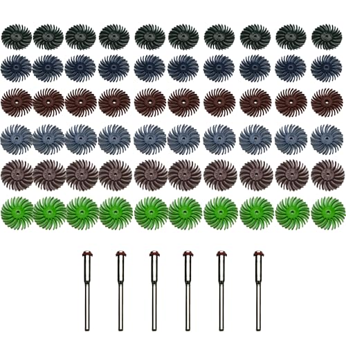 Image of TMAX 66 pc Radial Bristle (1 /8 inch Shank Mandrel) for Rotary Tool - Mixed Grit: 80#, 120#, 220#, 400#, 600#, 1000#