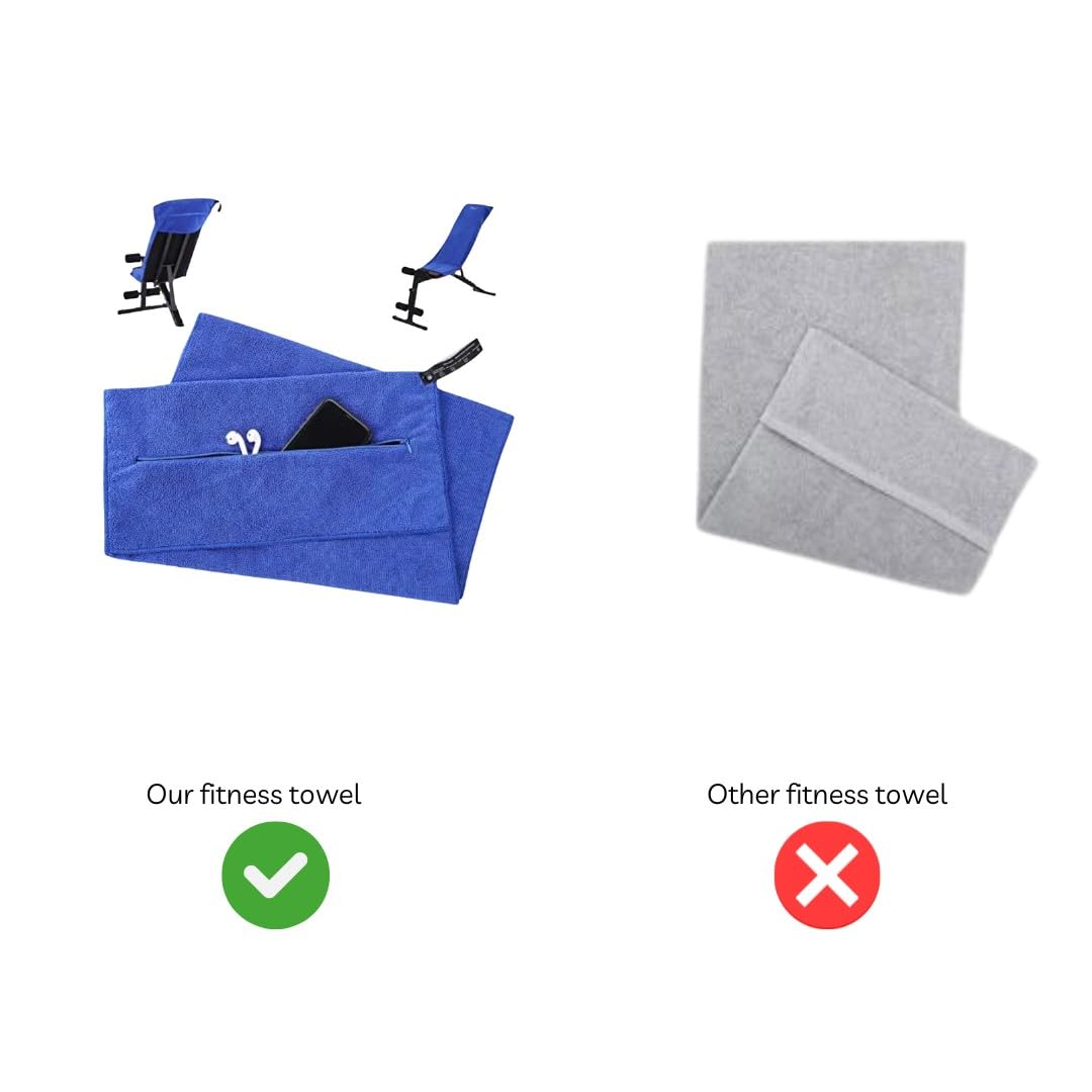 Angelica & Co Toalla de gimnasio de microfibra de secado rápido con bolsillo para teléfono, cremallera, fitness, pilates, funda para esterilla de yoga, cubierta de banco, camping, azul, L