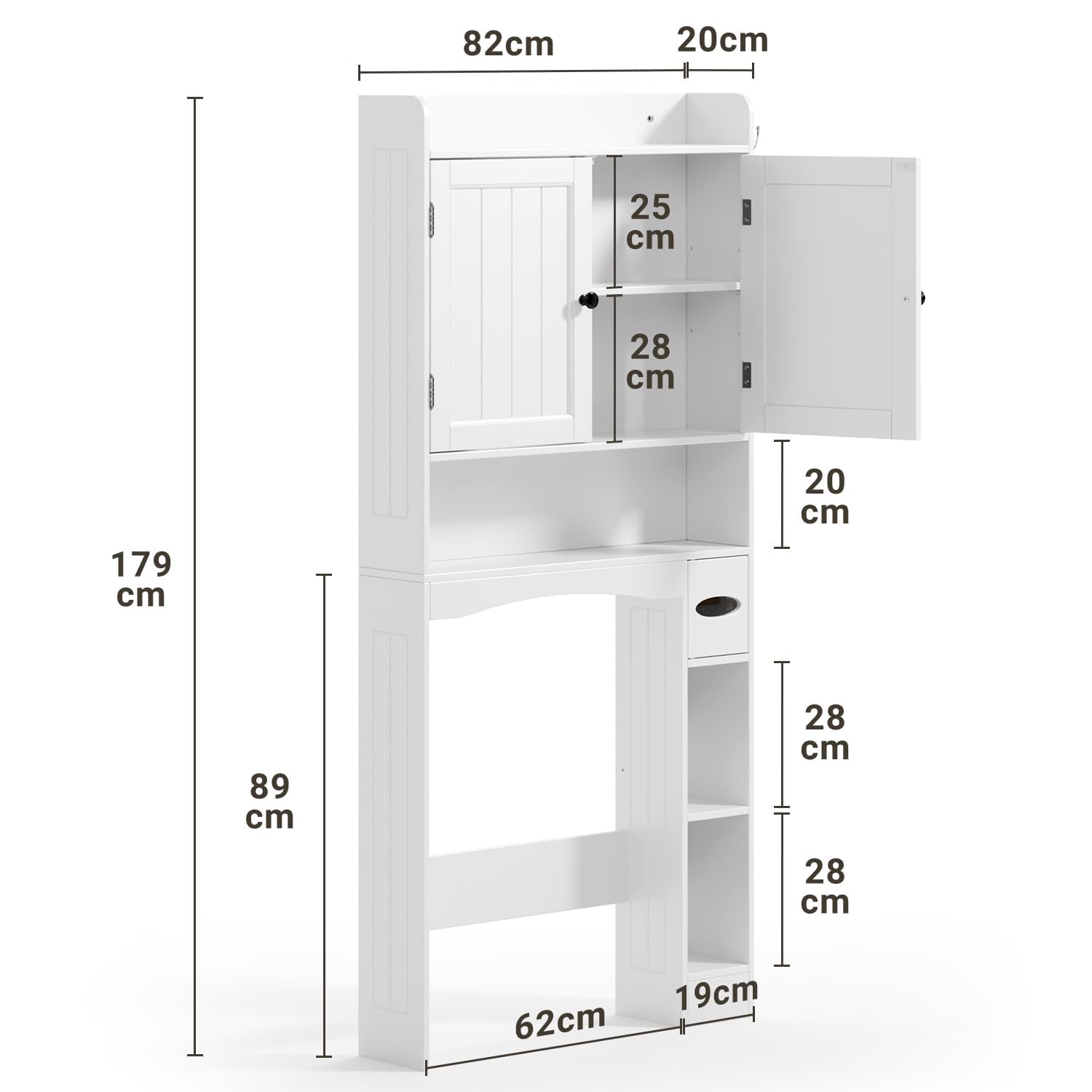 Xbro Armario sobre Inodoro, Mueble sobre Inodoro con Doble Puerta, Portarrollos de Papel Higiénico y Estante Ajustable, 82 x 20 x 179 cm, Blanco