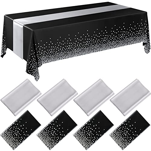 Image of Breling 8 Pack Black and Silver Disposable Plastic Tablecloths and Satin Table Runner Set, 54 x 108 Inch Tablecloth, 12 x 108 Inch Table Runners for Wedding Graduation Birthday Baby Shower New Year