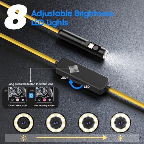 Image of Endoscope with Light, 1920P HD Borescope with 8 Adjustable LED Lights, 32.8FT Semi-Rigid Snake Camera, IP67 Waterproof Inspection Tool for iPhone & Android - Dual Lens