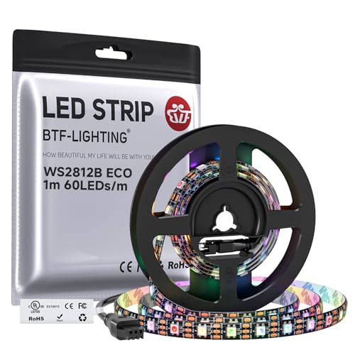 BTF-LIGHTING WS2812E ECO RGB Alloy Wires 5050SMD Individual Addressable 3.3FT 60Pixels/m Flexible Black PCB Full Color LED Pixel Strip Dream Color IP65 Waterproof DIY Projects Only DC5V