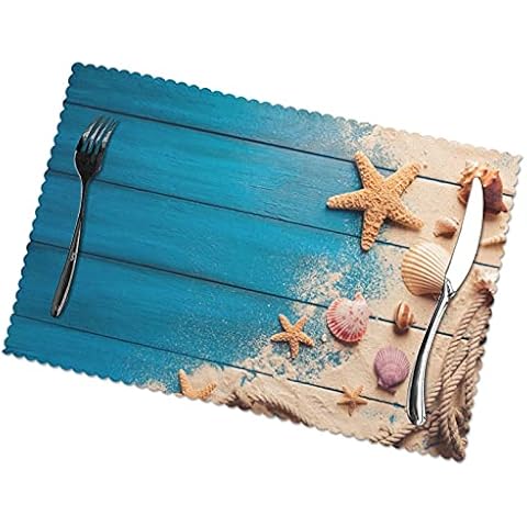 Beach Themed Placemats Set of 4 for Dinning Table Heat Resistant Non-Slip Seashell Starfish Kitchen Table Mat 18x12 Inch Washable Blue Wood Nautical Place Mats Decor for Farmhouse Outdoor Party Home Cover