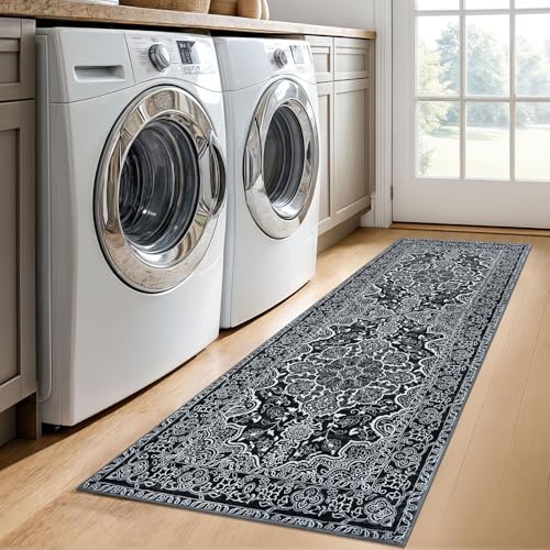 KUTA Runners for Hallways 2x6 Black, Vintage Floral Kitchen Rugs Non-Slip Washable Runner Soft Printed Retro Distressed Flower Entryway Carpet for Bedroom Laundry Nursery