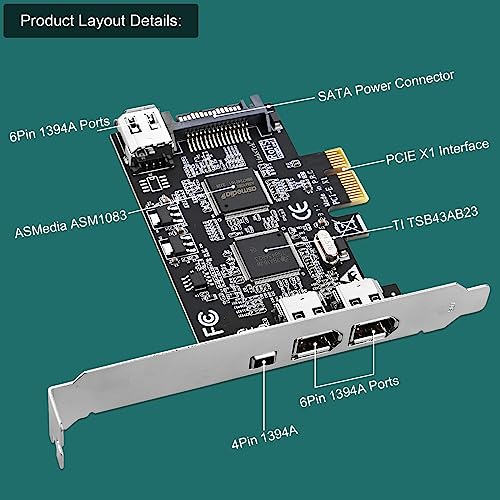 Image of 4-Ports PCIE 1394A Firewire 400 Card for Windows OS and MAC OS PCs, TI TSB43AB23, 3X 6Pin and 1X 4Pin 1394A Interface, with 4Pin to 6Pin 1394A Cables and Low Profile Bracket (PCIE-TSB43AB23)