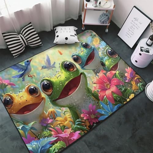 Tapete decorativo área 4'x6' con diseño de ranas coloridas