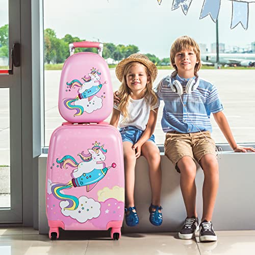 HONEY JOY Kids Luggage, 12" Toddler Backpack & 18" Travel Suitcase with Wheels, Lightweight Toddler Girls Suitcase, Durable ABS Hardshell, 2Pcs Carry On Luggage Set for Boys Girls3