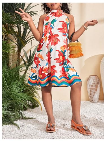 Girl's Print Floral Halter Dress Summer Sleeveless Boho Flowy Beach Vacation Dresses3