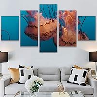 SIGNWIN 5 Panel Canvas Wall Art Group Jellyfish Marine Life Multicolor Photography Realism Tropical Ultra Whimsical for Home Decorations Ready to Hang - 60