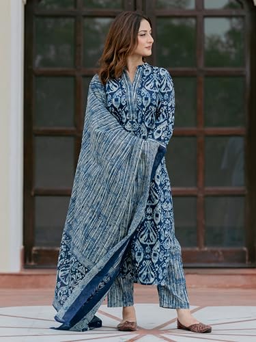 Image of Arayna Women's 100% Pure Cotton Ikat Printed Ethnic Straight Kurta Pant and Dupatta Set for Women