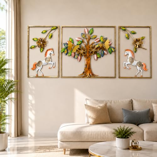 Image of SHREE 'O' GREEN TECH - Modern Iron Tree of Life Wall Decor Multicolor Horse Floral Leaf Artwork Large Hanging Frames for Living Room Bedroom Office Hotel Interior Styling (Set of 3)