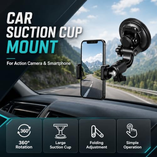 Image of Car Suction Cup Mount with 360 Adjustable Folding Arm | Action Camera Adapter & Smartphone Holder for Windshield, Dashboard, Glass and Smooth Surfaces