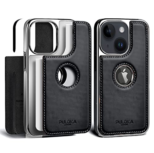 Image of PULOKA Chrome Leather Back Case - Compatible with iPhone 15 - Luxury Bumper Case - Flexible Vegan Leather - Electroplated Sides & Logocut - Full Camera Protetection & Raised Edges - (Black)