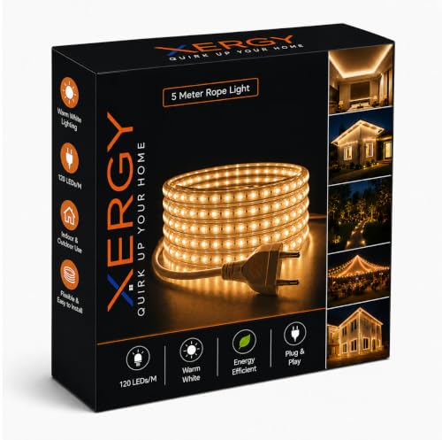 Image of XERGY 5 Meter Rope String Lights - Waterproof, 120 LEDs /M, Decorative Lighting for Home, Garden, Party & Festival (Warm White)