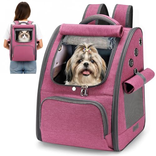 ALLSOPETS Zaino per Cani, Trasportino Gatto Zaino Pieghevole e Traspirante per Cani e Gatti con Tendine Parasole Ideale per Viaggi Escursioni e Campeggio (Rosa Bacche)