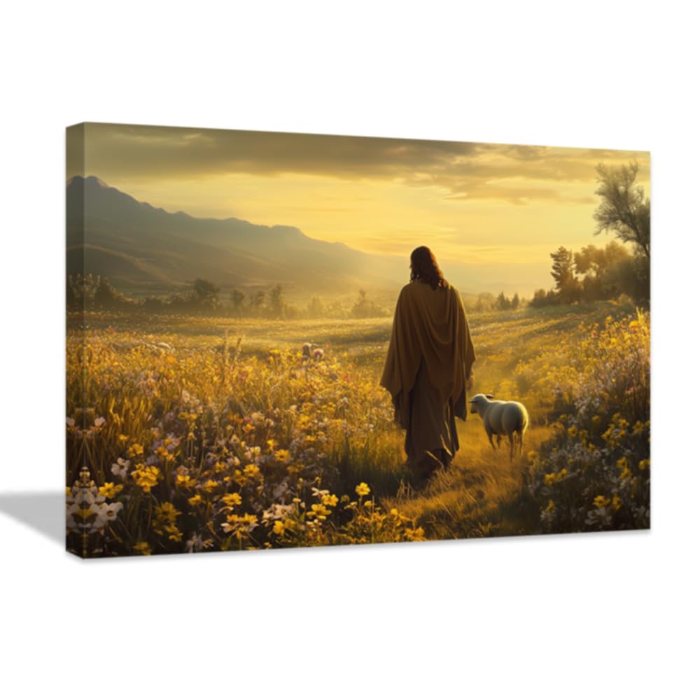 LMYSXAOZ Jesus Canvas Wall Art with the Lost Lamb Painting Vintage Religious Decor Framed Christian Print for Church(Brown,16L x 20W)