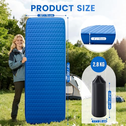 Image of Self Inflating Sleeping Pad with Electric Pump - 4 inch Ultra-Thick Memory Foam Camping Mat, Portable Outdoor Air Mattress Sleeping Gear for Adults Tent Car Cot Truck Hiking Backpacking (Blue)