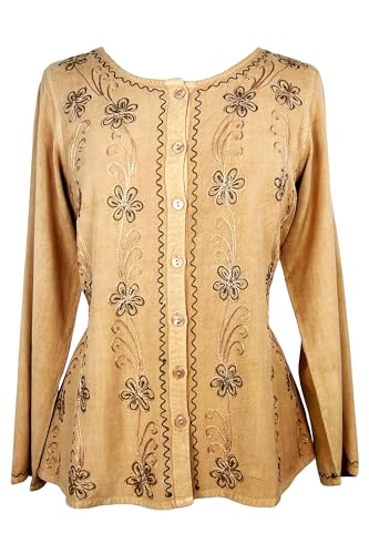 Agan Traders 2025 Spring Long Sleeve Button Down Bohemian Tops for Women - Embroidered Blouse Shirt with Adjustable Rope Ties