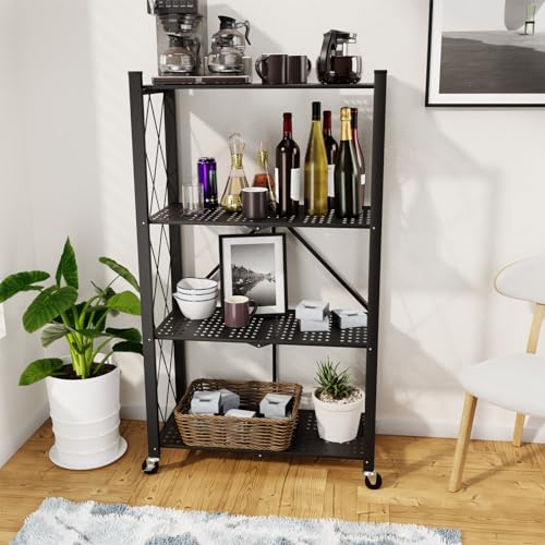 Image of 4 Tier Foldable Storage Shelf with Wheels, Metal Steel Collapsible Shelves | Heavy Duty Folding Shelf Loads 600 LBS, Rolling Standing Utility Rack for Kitchen, Pantry, Office, Black