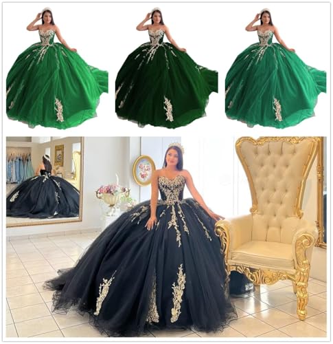 Strapless 2025 Quinceanera Dresses Sheer Tulle with Gold Appliques Ball Gowns Beaded Sequins Prom Dress2