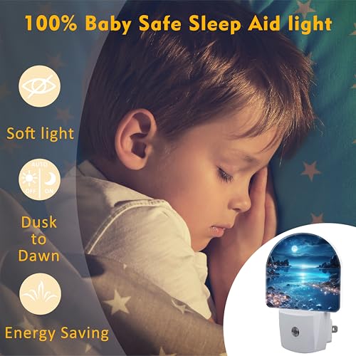 Image of Full Moon and Sparkling Lake Night Light for Kids,Magical Beach at Night Plug in Night Light with Dusk to Dawn Sensor, 0.5w Energy Saving Nightlight for Hallway Stairway Kitchen Bedroom