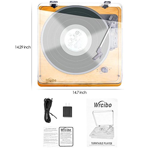 Wrcibo Record Player, Vintage Turntable 3-Speed Belt Drive Vinyl Player LP Record Player with Built-in Stereo Speaker, Aux-in, Headphone Jack, and RCA Output, Natural Wood - Thumbnail 4