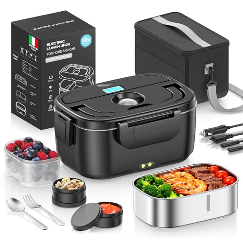 YEEFON Scaldavivande Elettrico Portatile 80W, 1,5L Porta Pranzo Riscaldabile In Acciaio Inox, 3 in 1 Lunch Box Elettrico Portatile Scaldavivande, per Auto Camion e Ufficio 12V/24V/220V, Borse