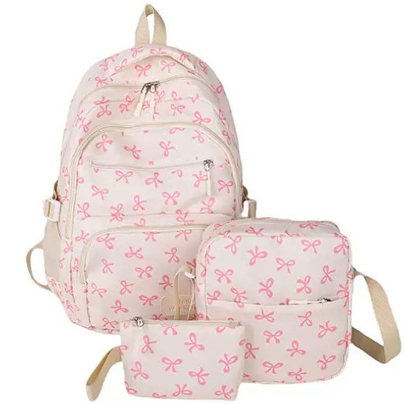Coquette Bow Backpack，Bow Backpack 3pcs Set Cute Kawaii Backpack Set Large Capacity (White and pink)