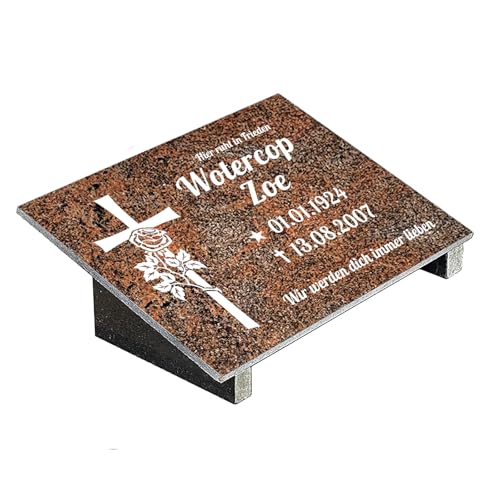 Grabplatte mit Inschrift aus Granit Multicolor Rot personalisierbar Gedenktafel für Urnengrab Wählmotiv Grabstein für 1-2 Pers. Urnengrabstein (Multicolor Rot 30x40cm mit Stützen Kreuz)