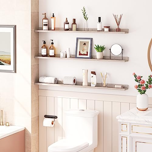 Image of HOOBRO Floating Shelves, Wall Shelf Set of 3, 47.2 Inches Hanging Shelf with Raised Edge and Invisible Brackets, for Bathroom, Bedroom, Kitchen, Office, Living Room Decor, Greige BG92BJ01