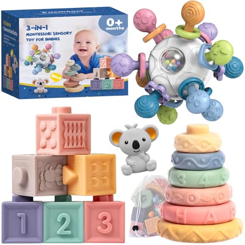 Image of Pucmaoci Montessori Baby Toys 3-in-1 Set for Sensory Development, Teething Toys, and Early Education - Gift for Toddler Baby 0-3-6-12-18 Months