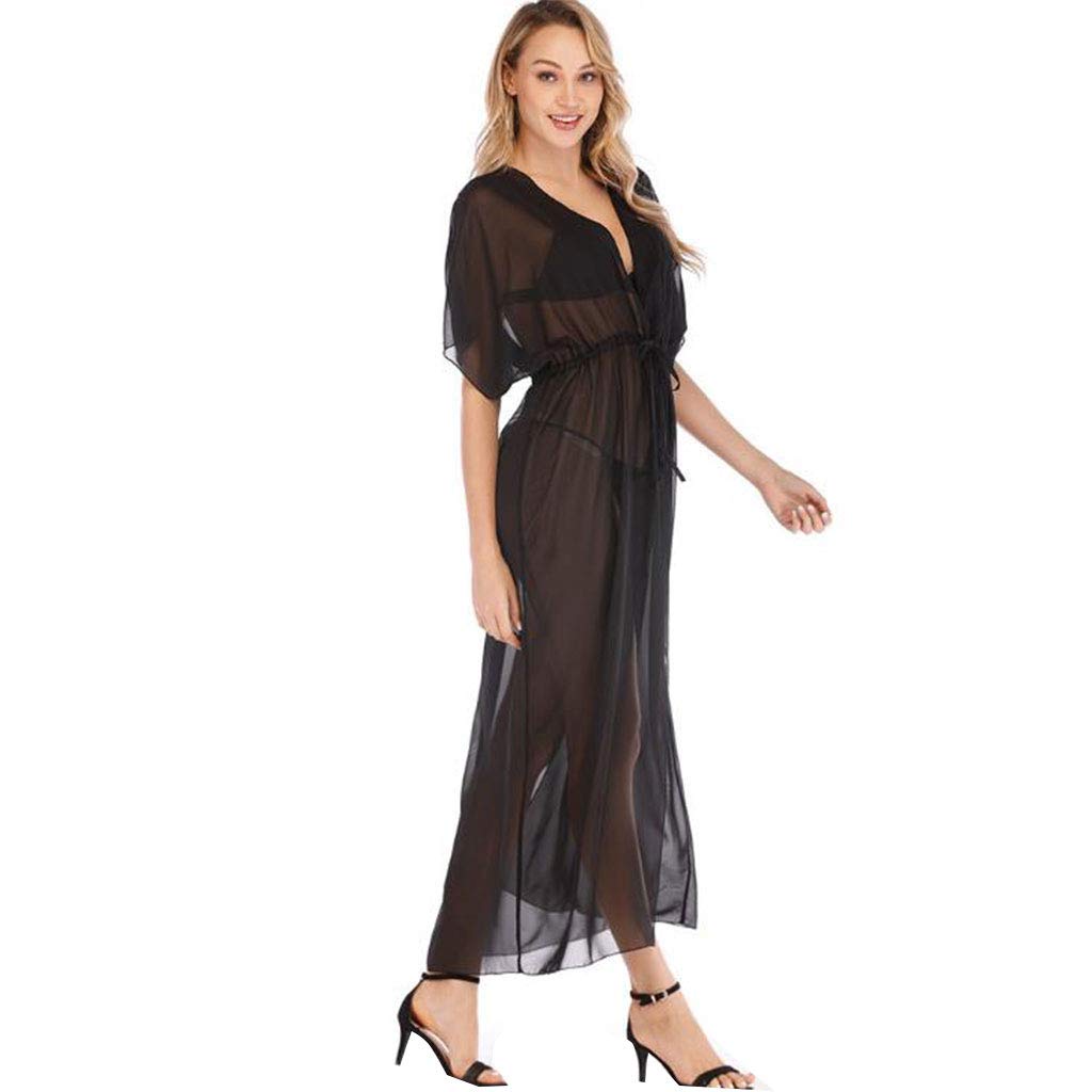 Robe de plage longue à manches mi-longues pour femme avec ouverture sur le devant - Kimono noir transparent à nouer à la taille