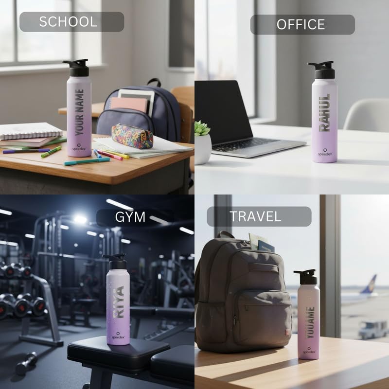 Image of Speedex Customised Stainless Steel Water Bottle 1 Ltr with Name - Personalised Engraved Sipper Cap Bottle for Kids, Men & Women, School, Gym, Office Dual Purple, Set of 1