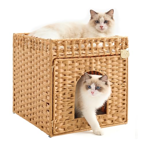 Woven Rattan Cat Litter Box Enclosure Furniture Cat House with Hidden Litter Mat and Fence for Living Room Bedroom Balcony 20.5 × 18.5 × 19.1 in Natural